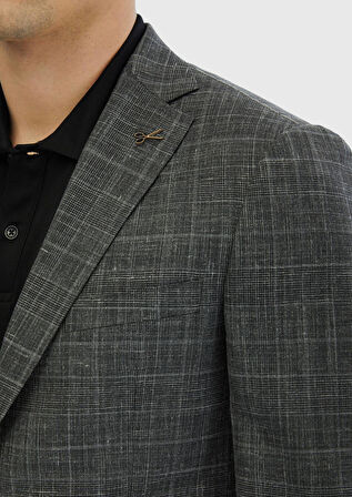 Koyu Gri Desenli Regular Fit İpek Karışımlı Ceket