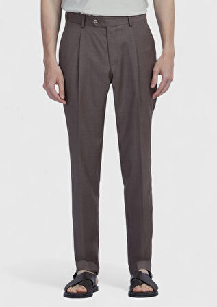 Açık Kahve Düz Kumaş Slim Fit Casual %100 Yün Pantolon