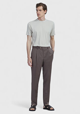 Açık Kahve Düz Kumaş Slim Fit Casual %100 Yün Pantolon