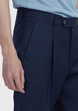 Lacivert Düz Kumaş Slim Fit Casual %100 Yün Pantolon