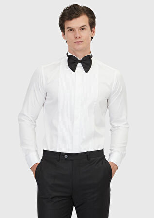 Beyaz Düz Slim Fit Duble Manşet Ata Yaka Smokin Gömlek