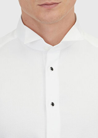 Beyaz Düz Slim Fit Duble Manşet Ata Yaka Smokin Gömlek