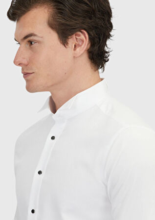 Beyaz Düz Slim Fit Duble Manşet Ata Yaka Smokin Gömlek