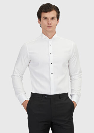 Beyaz Düz Slim Fit Duble Manşet Ata Yaka Smokin Gömlek
