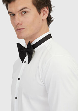 Beyaz Düz Slim Fit Duble Manşet Ata Yaka Smokin Gömlek