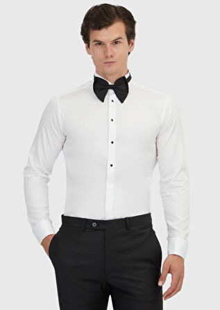 Beyaz Düz Slim Fit Duble Manşet Ata Yaka Smokin Gömlek