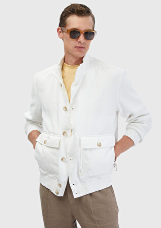 Beyaz Regular Fit Dik Yaka Casual Dokuma Mont