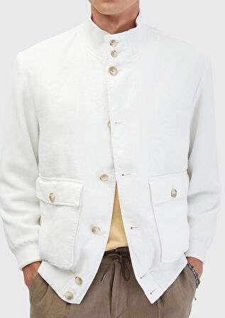 Beyaz Regular Fit Dik Yaka Casual Dokuma Mont