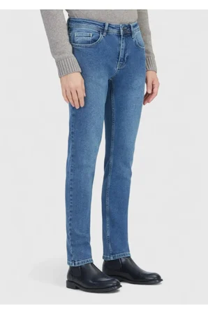 Mavi Düz Slim Fit Denim Pamuk Karışımlı Pantolon