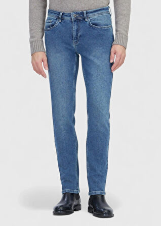 Mavi Düz Slim Fit Denim Pamuk Karışımlı Pantolon