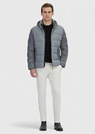Gri Regular Fit Kapüşonlu Casual Dokuma Mont