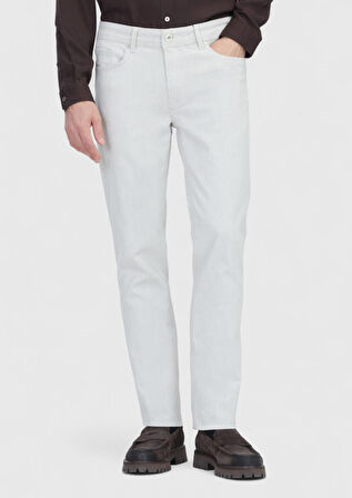 Ekru Düz Slim Fit Denim Pamuk Karışımlı Pantolon