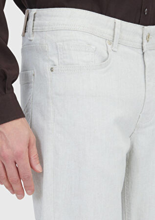 Ekru Düz Slim Fit Denim Pamuk Karışımlı Pantolon