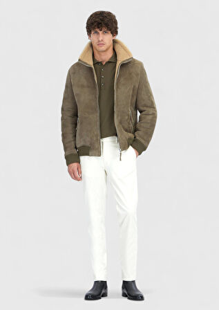 Haki Regular Fit Dik Yaka Casual Koyun Kürkü Deri Mont