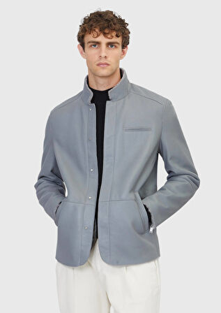 Gri Regular Fit Dik Yaka Casual Koyun Kürkü Deri Mont