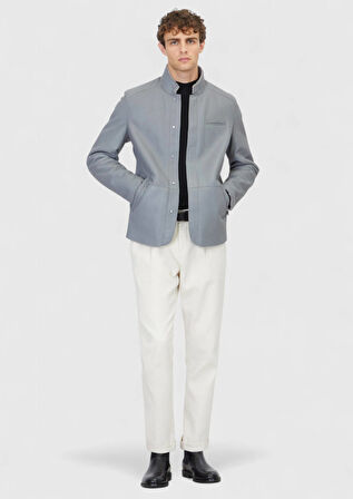 Gri Regular Fit Dik Yaka Casual Koyun Kürkü Deri Mont