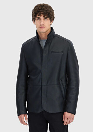 Siyah Regular Fit Dik Yaka Casual Koyun Kürkü Deri Mont