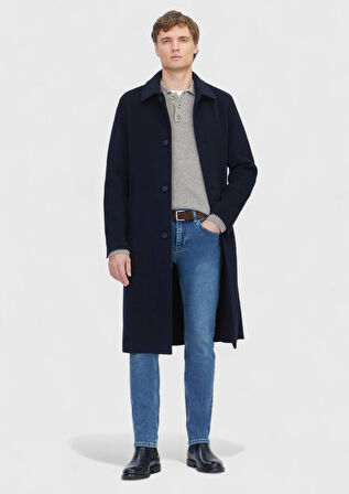 Lacivert Regular Fit Gömlek Yaka Klasik Dokuma Palto