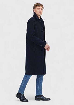 Lacivert Regular Fit Gömlek Yaka Klasik Dokuma Palto