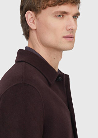 Mürdüm Düz Regular Fit Dokuma Yün Karışımlı Overshırt