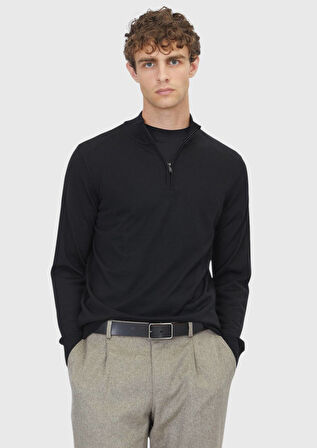 Siyah Yarım Balıkçı Yaka Düz Örgü Yün Karışımlı Triko Kazak