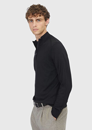 Siyah Yarım Balıkçı Yaka Düz Örgü Yün Karışımlı Triko Kazak
