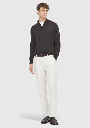 Kahverengi Yarım Balıkçı Yaka Düz Örgü Yün Karışımlı Triko Kazak