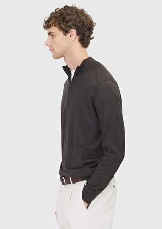 Kahverengi Yarım Balıkçı Yaka Düz Örgü Yün Karışımlı Triko Kazak