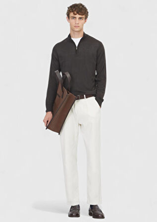 Kahverengi Yarım Balıkçı Yaka Düz Örgü Yün Karışımlı Triko Kazak