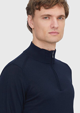 Lacivert Yarım Balıkçı Yaka Düz Örgü Yün Karışımlı Triko Kazak