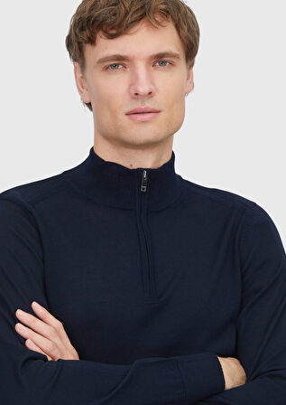 Lacivert Yarım Balıkçı Yaka Düz Örgü Yün Karışımlı Triko Kazak