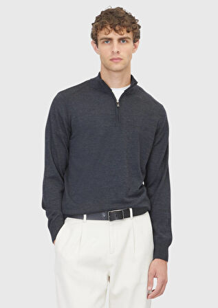 Antrasit Yarım Balıkçı Yaka Düz Örgü Yün Karışımlı Triko Kazak