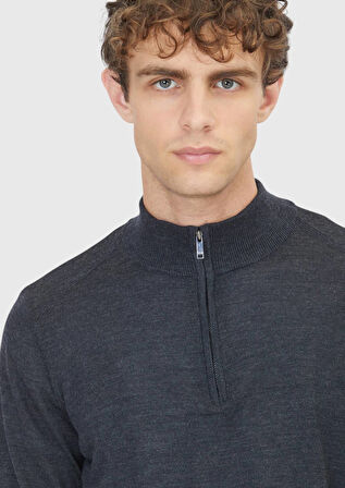Antrasit Yarım Balıkçı Yaka Düz Örgü Yün Karışımlı Triko Kazak