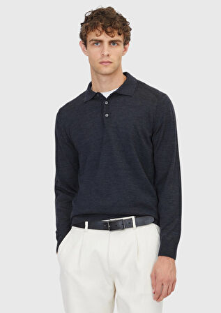 Antrasit Polo Yaka Düz Örgü Yün Karışımlı Triko Kazak