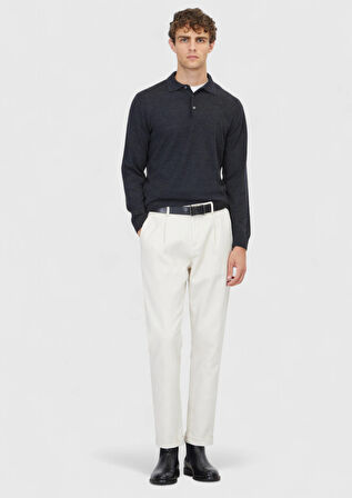 Antrasit Polo Yaka Düz Örgü Yün Karışımlı Triko Kazak