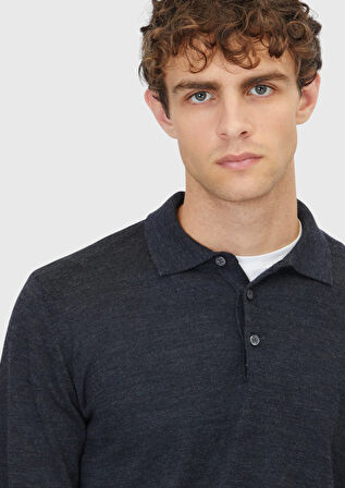 Antrasit Polo Yaka Düz Örgü Yün Karışımlı Triko Kazak