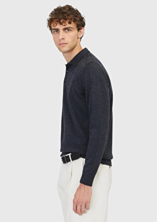 Antrasit Polo Yaka Düz Örgü Yün Karışımlı Triko Kazak