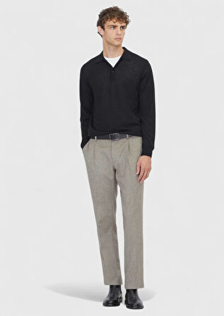 Siyah Polo Yaka Düz Örgü Yün Karışımlı Triko Kazak