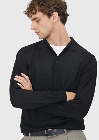 Siyah Polo Yaka Düz Örgü Yün Karışımlı Triko Kazak