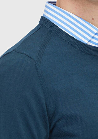 Petrol Bisiklet Yaka Düz Örgü Yün Karışımlı Triko Kazak