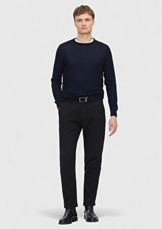 Lacivert Bisiklet Yaka Düz Örgü Yün Karışımlı Triko Kazak