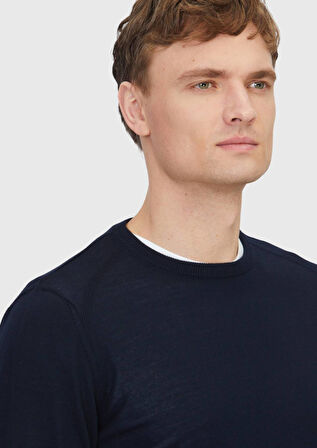 Lacivert Bisiklet Yaka Düz Örgü Yün Karışımlı Triko Kazak