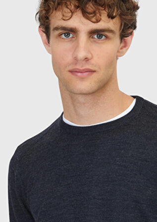 Antrasit Bisiklet Yaka Düz Örgü Yün Karışımlı Triko Kazak