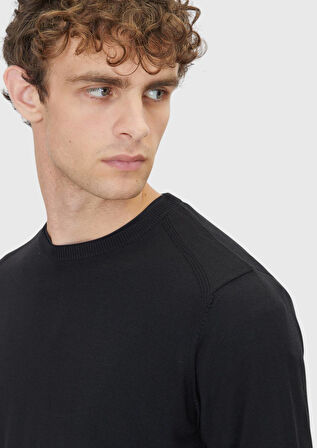 Siyah Bisiklet Yaka Düz Örgü Yün Karışımlı Triko Kazak