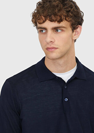 Lacivert Polo Yaka Düz Örgü Yün Karışımlı Triko Kazak