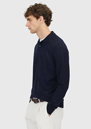 Lacivert Polo Yaka Düz Örgü Yün Karışımlı Triko Kazak