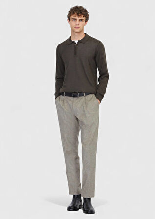 Haki Polo Yaka Düz Örgü Yün Karışımlı Triko Kazak