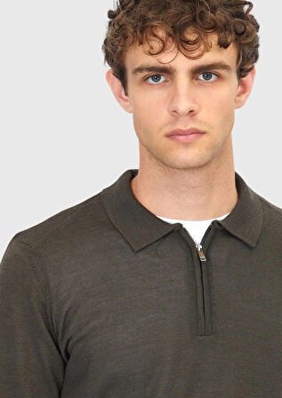 Haki Polo Yaka Düz Örgü Yün Karışımlı Triko Kazak