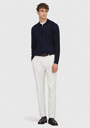 Lacivert Polo Yaka Düz Örgü Yün Karışımlı Triko Kazak