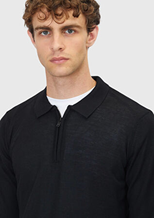 Siyah Polo Yaka Düz Örgü Yün Karışımlı Triko Kazak